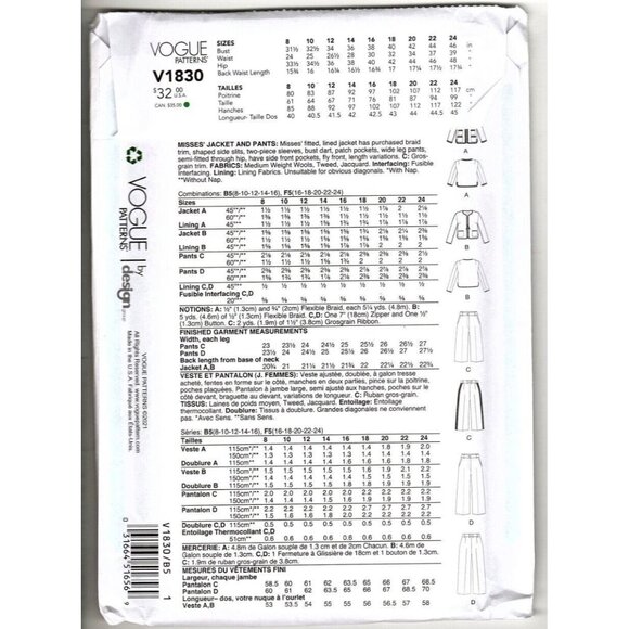 Vogue V1830 Misses 16 to 24 Jacket and Pants Uncut Sewing Pattern - Picture 2 of 2